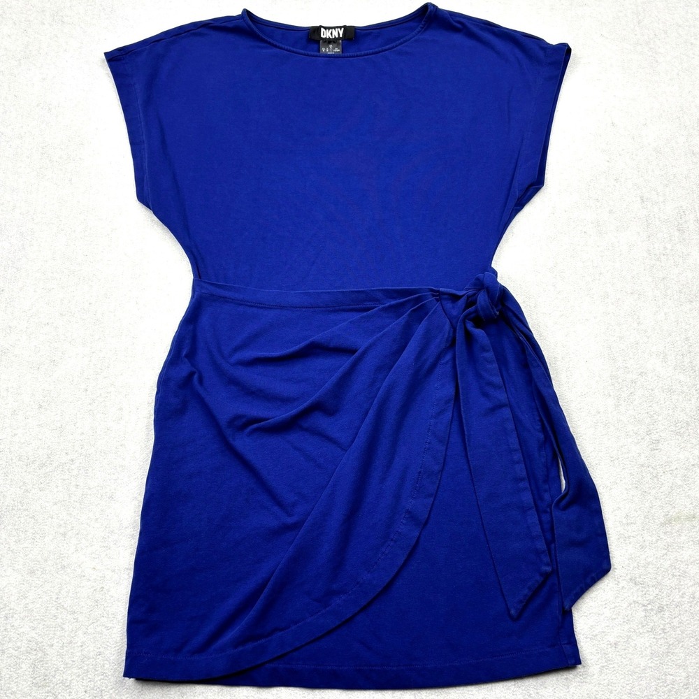 DKNY Dress Womens Medium Royal Blue Short Sleeve Faux Wrap Tie Waist Mini Knit